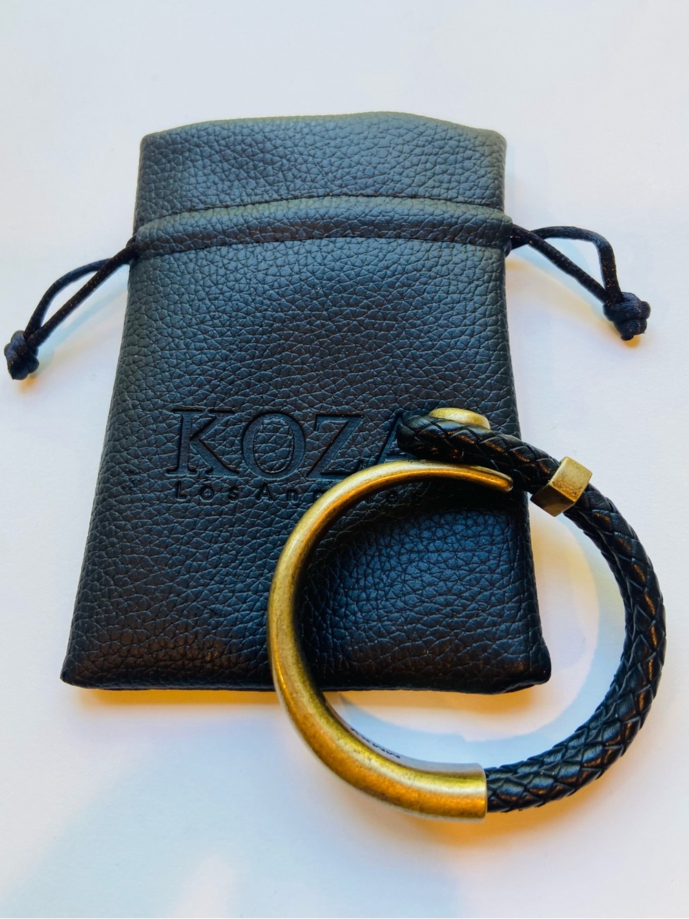 Black Braided Leather Bracelet with Antique Gold Ring